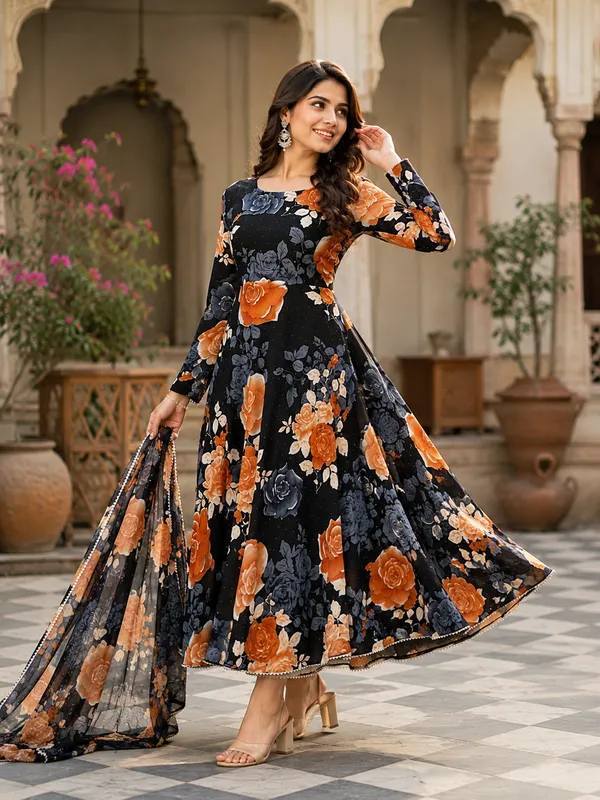 Black_Poly_Georgette_Floral_Anarkali_Dress_With_Dupatta_For_Women