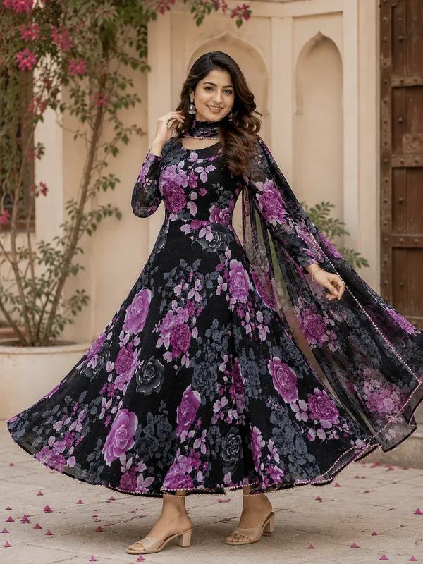Black_Poly_Georgette_Floral_Flared_Anarkali_Dress_With_Dupatta_For_Women