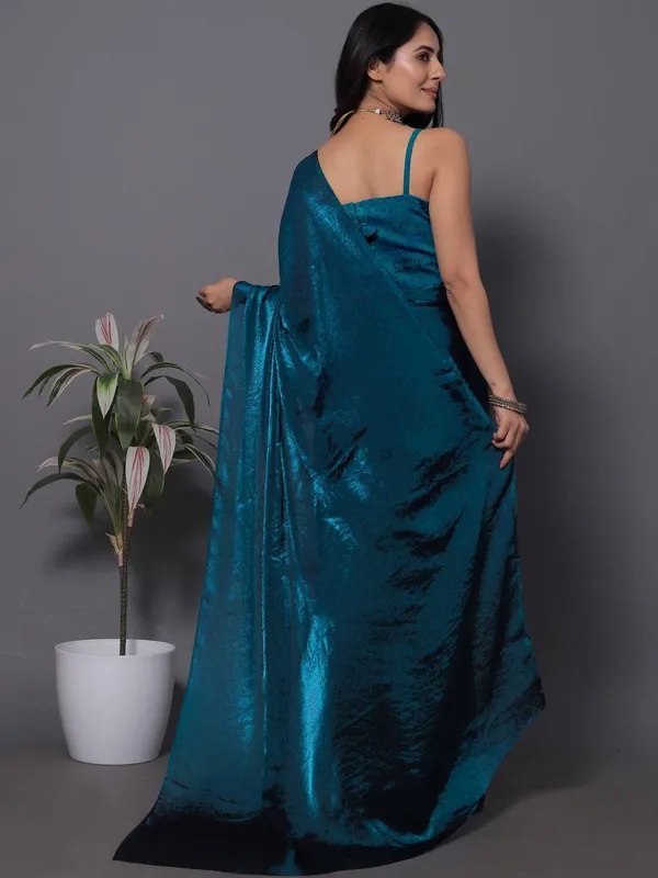 Teal_Satin_Draped_Saree_For_Women