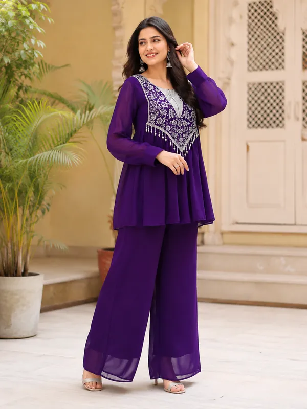 Purple_Georgette_Flared_Embroidered_Kurta_Set_For_Women