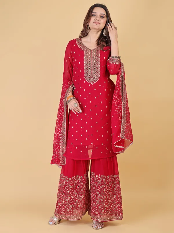 Red_Cotton_Embroidered_Sharara_Suit_Set_For_Women
