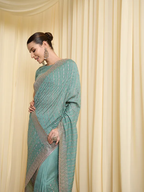Teal_Satin_Woven_Striped_Saree_For_Women