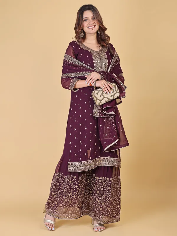 Maroon_Cotton_Embroidered_Sharara_Kurta_Set_For_Women