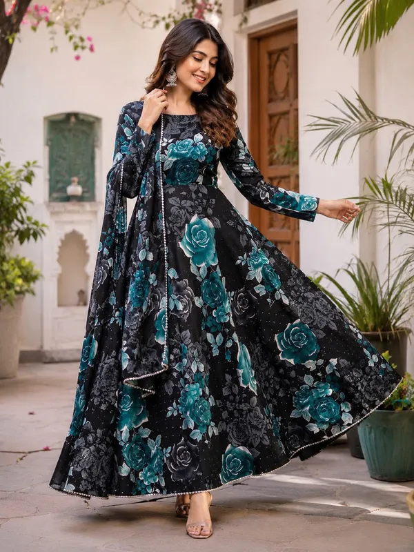 Black_Poly_Georgette_Floral_Flared_Anarkali_Suit_Set_For_Women