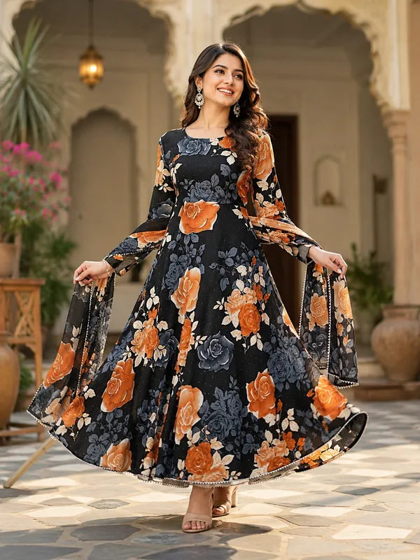 Black_Poly_Georgette_Floral_Anarkali_Dress_With_Dupatta_For_Women