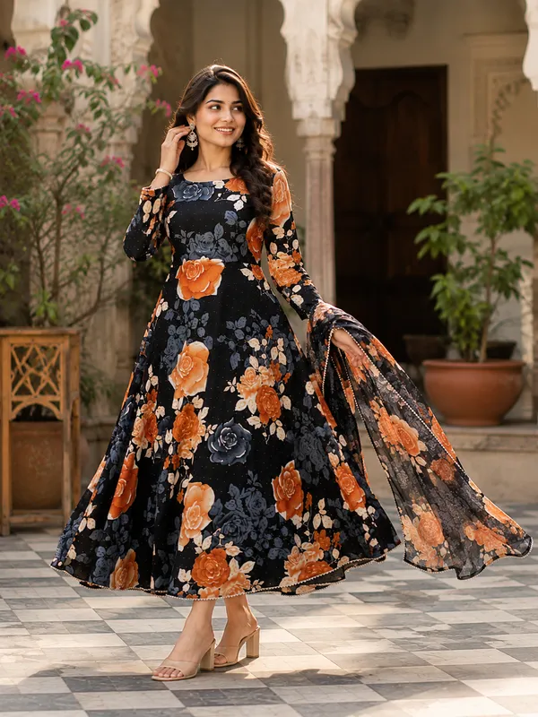 Black_Poly_Georgette_Floral_Anarkali_Dress_With_Dupatta_For_Women