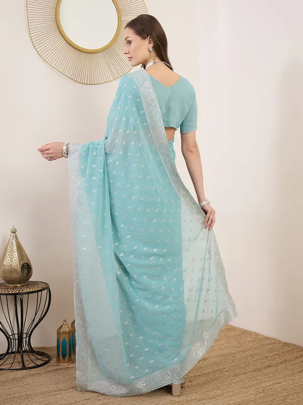 Aqua_Blue_Satin_Embroidered_Saree_For_Women