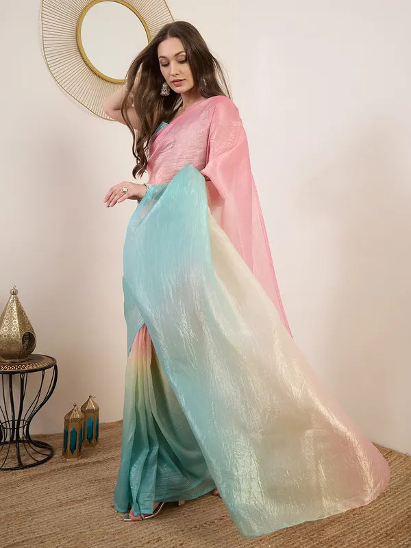 Pink_Aqua_Satin_Textured_Contrast_Panel_Saree_For_Women