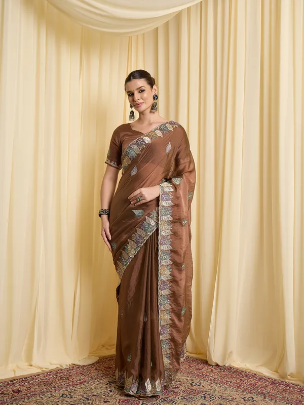 Brown_Satin_Floral_Embroidered_Saree_For_Women