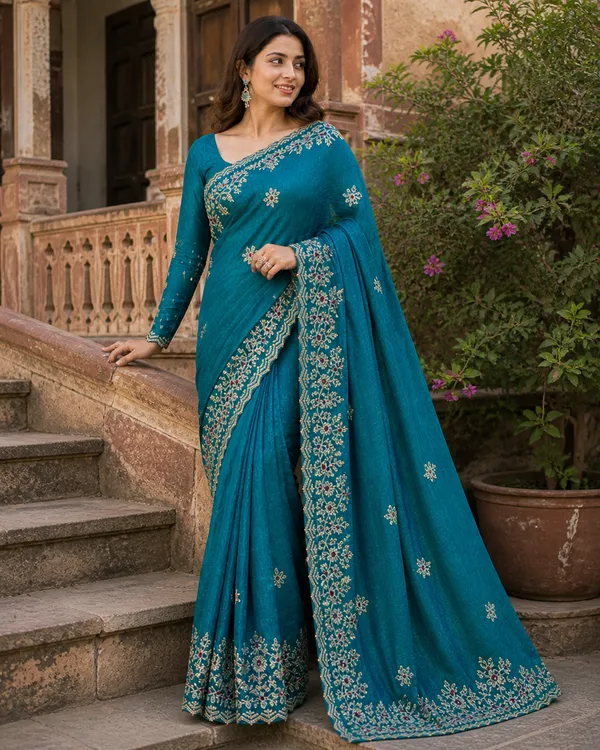 Teal_Satin_Floral_Embroidered_Saree_For_Women