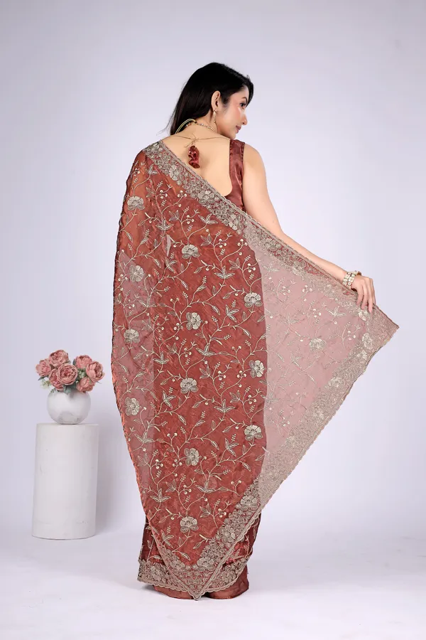 Rust_Satin_Floral_Embroidered_Saree_For_Women
