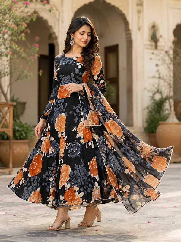 Black_Poly_Georgette_Floral_Anarkali_Dress_With_Dupatta_For_Women