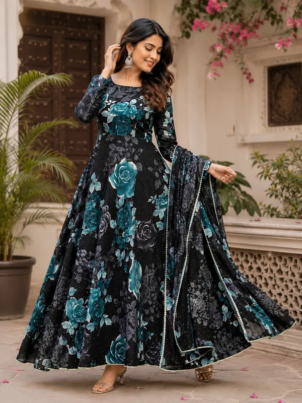 Black_Poly_Georgette_Floral_Flared_Anarkali_Suit_Set_For_Women