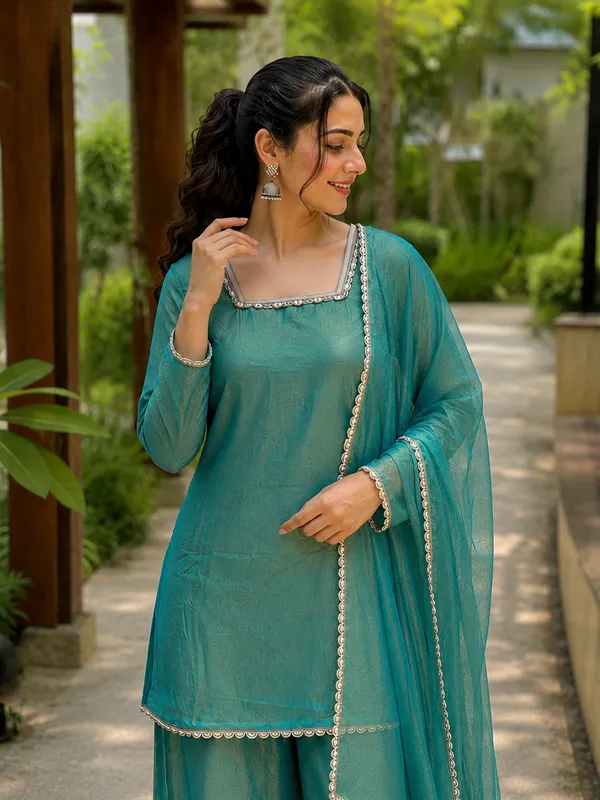 Aqua_Satin_Straight_Fit_Kurta_Wide-Leg_Pants_Dupatta_Set_For_Women