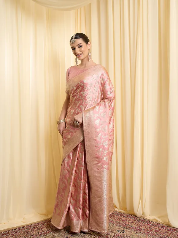 Pink_Satin_Brocade_Woven_Saree_With_Blouse_For_Women
