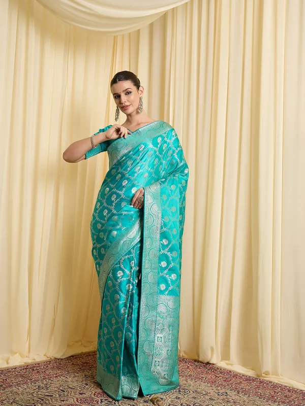 Teal_Satin_Woven_Saree_For_Women