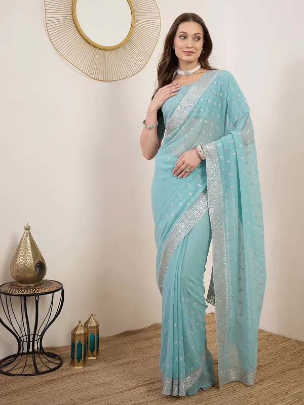 Aqua_Blue_Satin_Embroidered_Saree_For_Women