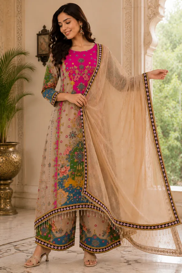 Beige_Silk_Printed_Kurta_Palazzo_Suit_Set_For_Women