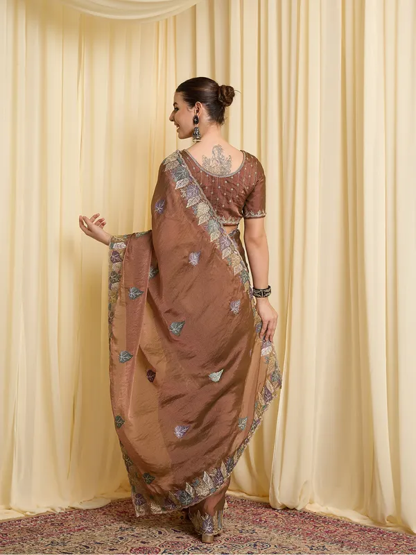 Brown_Satin_Floral_Embroidered_Saree_For_Women