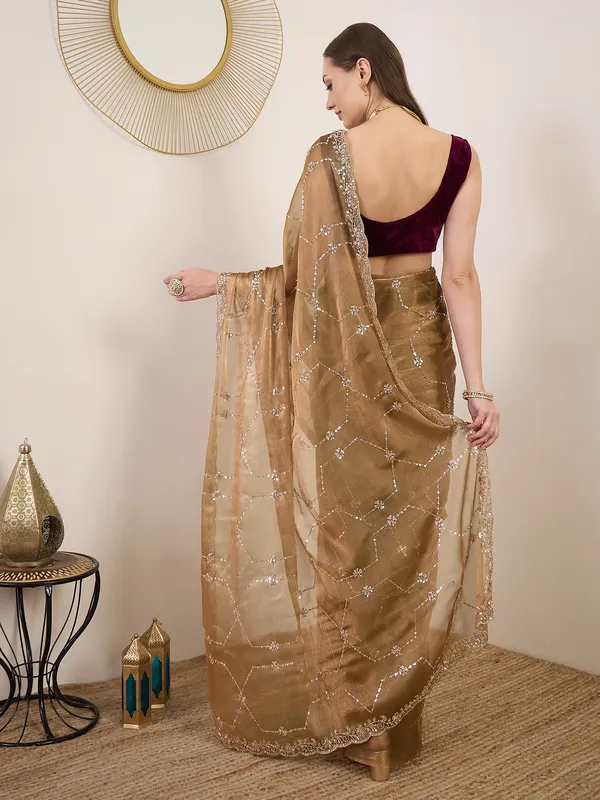 Gold_Satin_Sequin_Embellished_Saree_With_Maroon_Blouse_For_Women
