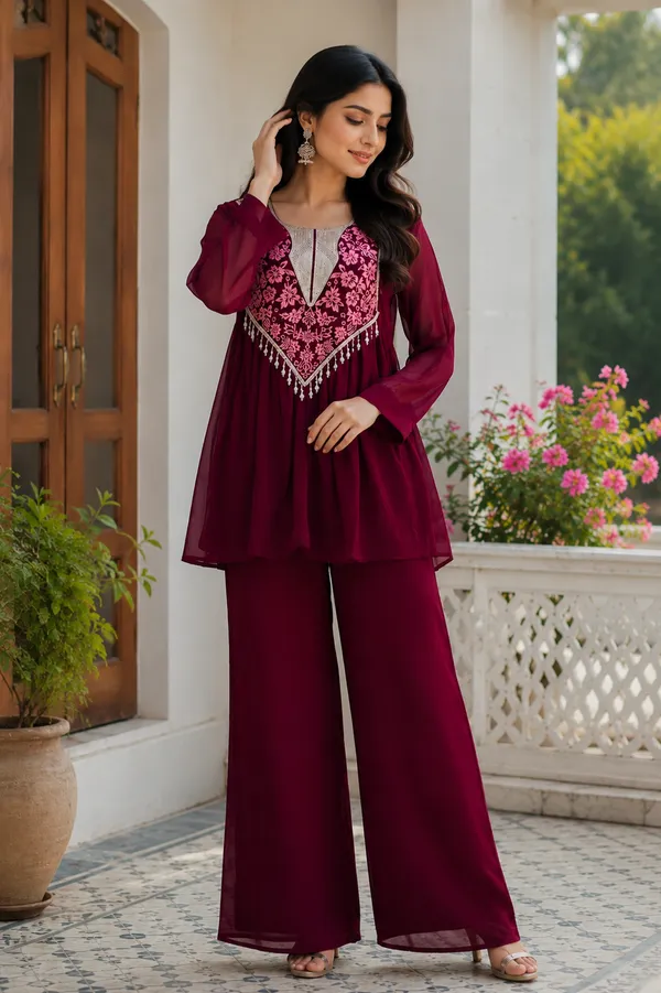 Maroon_Georgette_Flared_Embroidered_Kurta_Set_For_Women