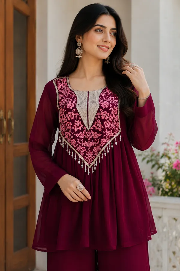 Maroon_Georgette_Flared_Embroidered_Kurta_Set_For_Women