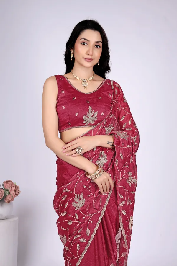 Maroon_Satin_Floral_Embroidered_Saree_For_Women