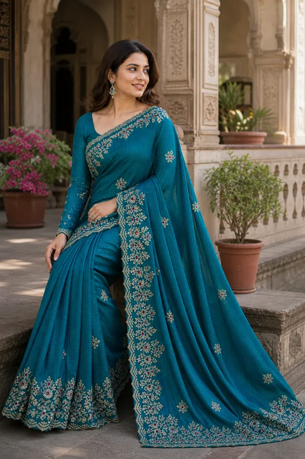 Teal_Satin_Floral_Embroidered_Saree_For_Women