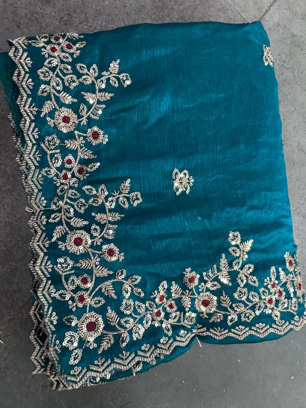 Teal_Satin_Floral_Embroidered_Saree_For_Women