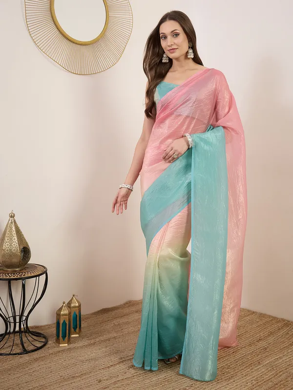 Pink_Aqua_Satin_Textured_Contrast_Panel_Saree_For_Women