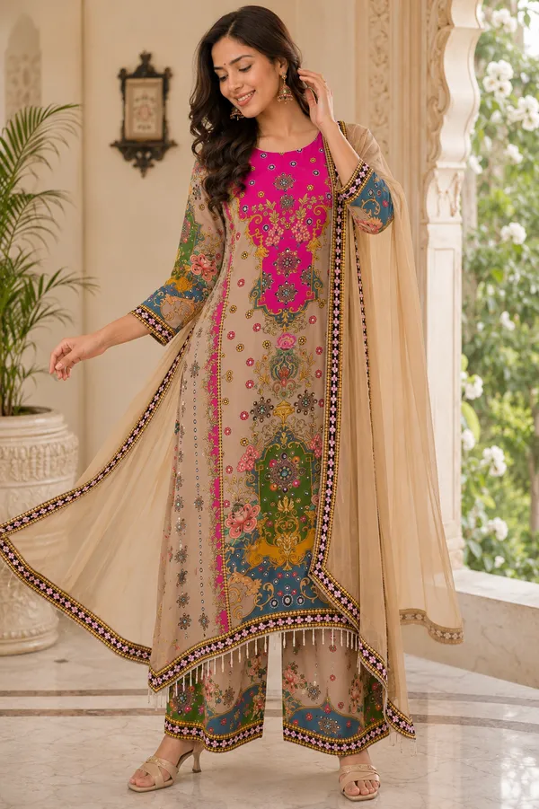 Beige_Silk_Printed_Kurta_Palazzo_Suit_Set_For_Women