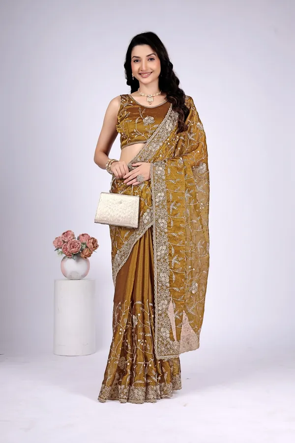 Brown_Organza_Embroidered_Saree_For_Women