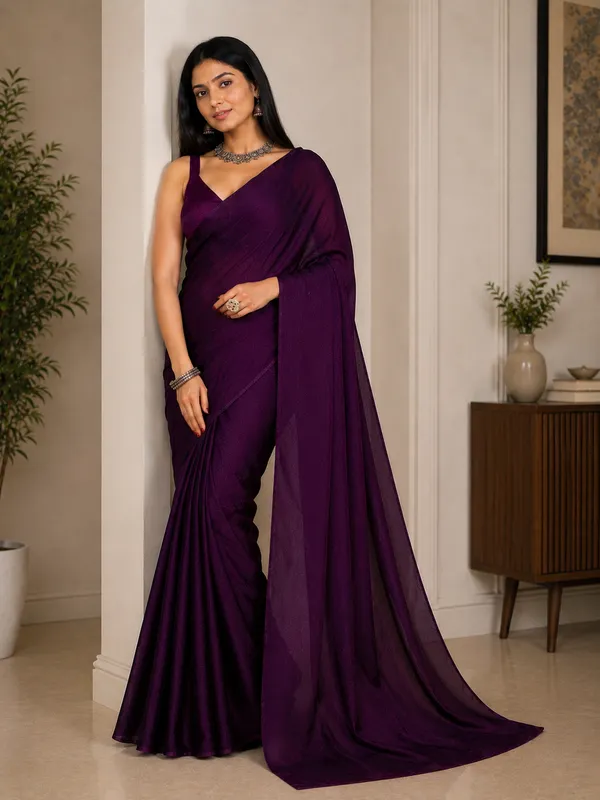 Purple_Satin_Draped_Saree_For_Women