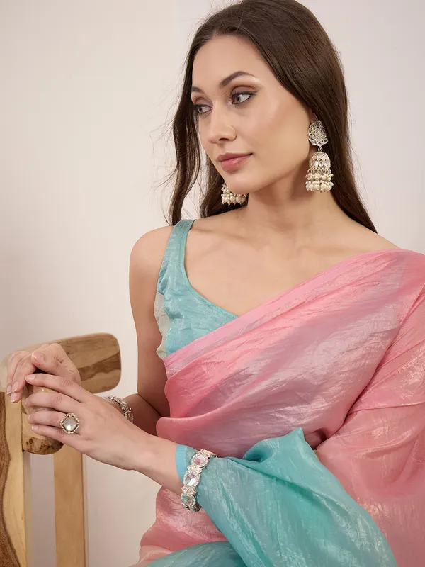 Pink_Aqua_Satin_Textured_Contrast_Panel_Saree_For_Women