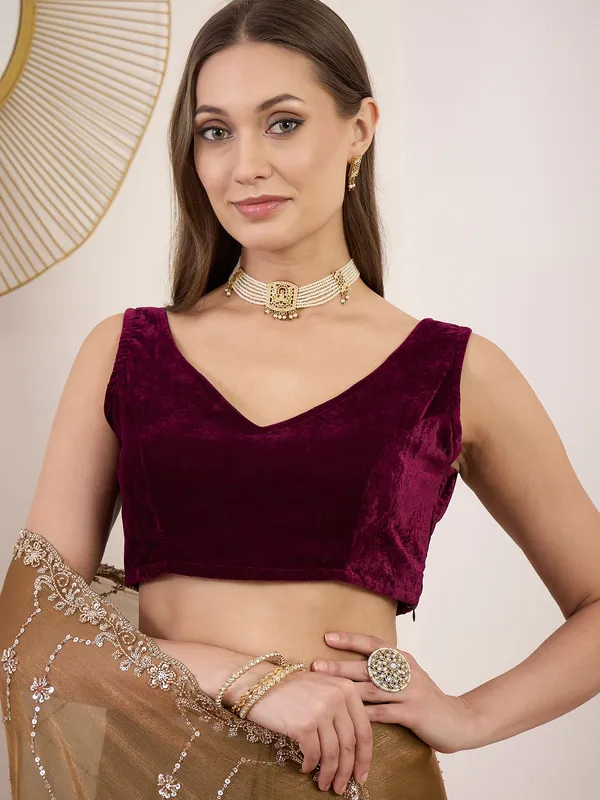 Gold_Satin_Sequin_Embellished_Saree_With_Maroon_Blouse_For_Women