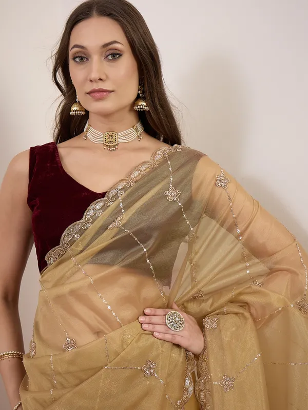 Golden_Beige_Satin_Embellished_Saree_For_Women