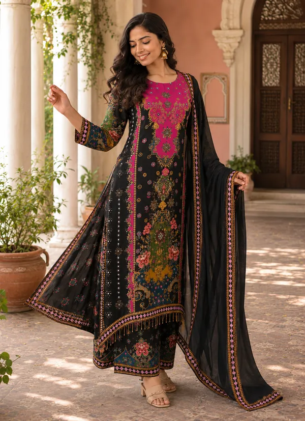 Black_Silk_Printed_Straight_Kurta_Bottom_Dupatta_Set_For_Women