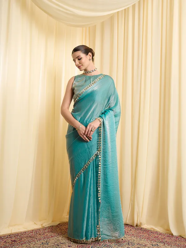 Teal_Satin_Woven_Embellished_Border_Saree_For_Women