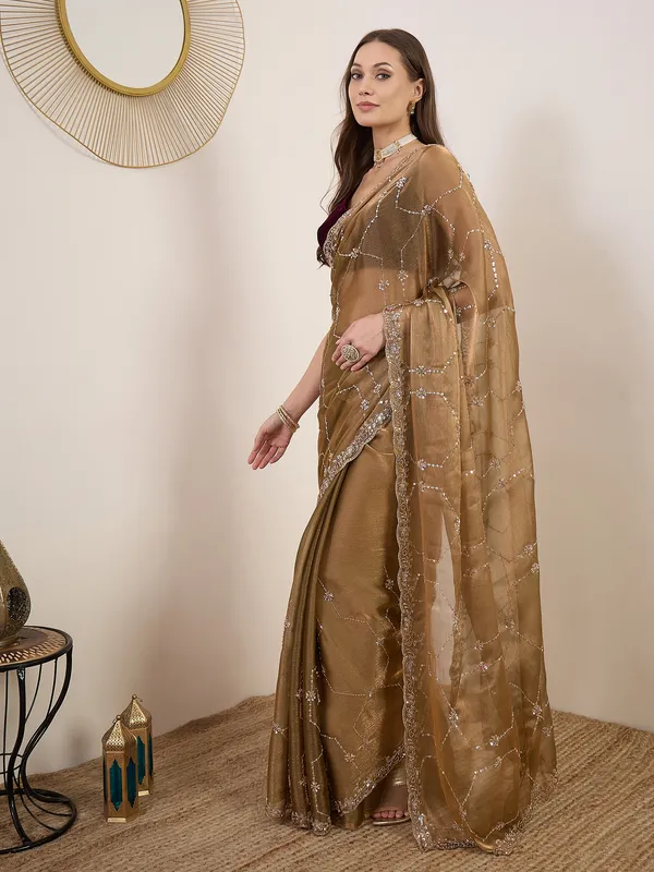 Gold_Satin_Sequin_Embellished_Saree_With_Maroon_Blouse_For_Women