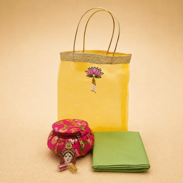 Yellow_Organza_Fabric_Matki_Pouch_Varalakshmi_Return_Gift_Hamper
