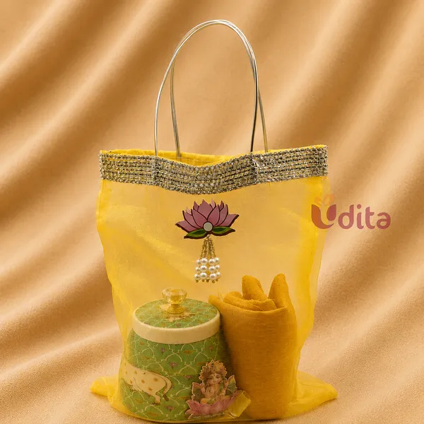 Yellow_Organza_Bag_Pichwai_Jar_Varalakshmi_Return_Gift_Combo
