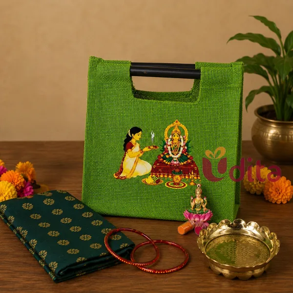 Brass_Kolam_Lotus_Stand_Jute_Bag_Varalakshmi_Return_Gift_Hamper