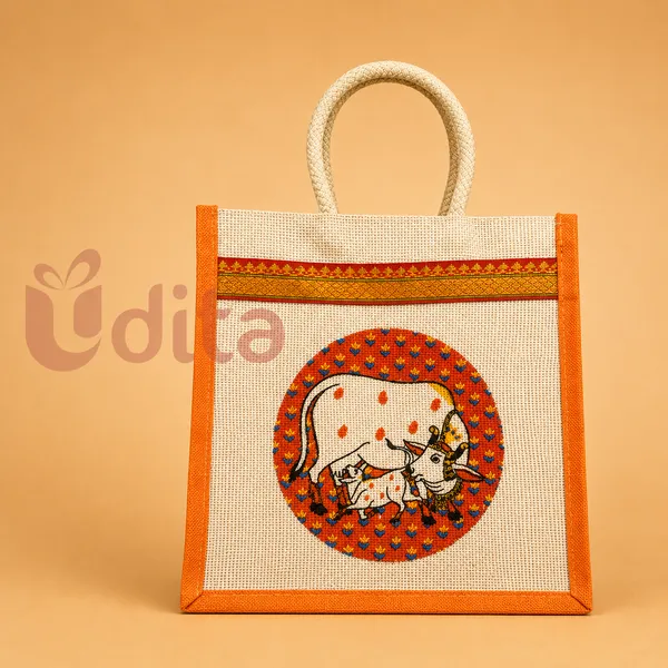 Multicolour_Jute_Pichwai_Cow_Print_Return_Gift_Bag_8_Inch_-_Pack_of_2