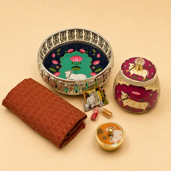 Pichwai_German_Silver_Brocade_Housewarming_Return_Gift_Combo