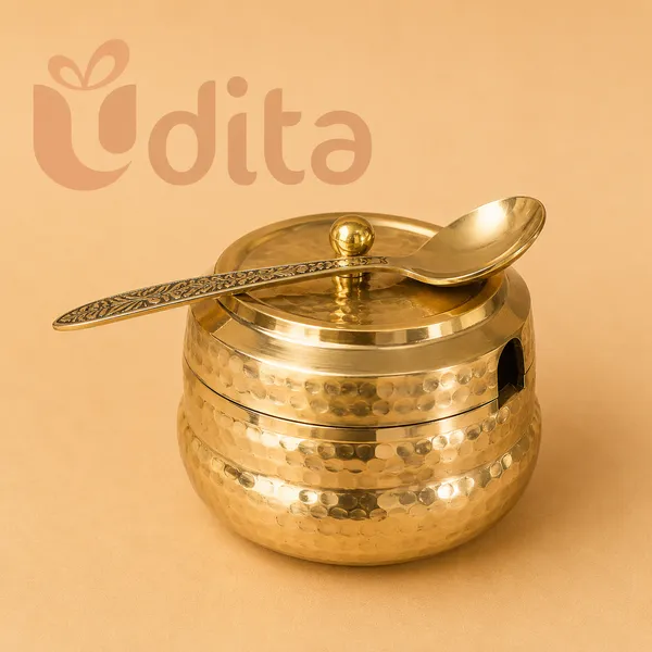 Brass_Traditional_Hammered_Ghee_Pot_500Ml_With_Lid_And_Spoon