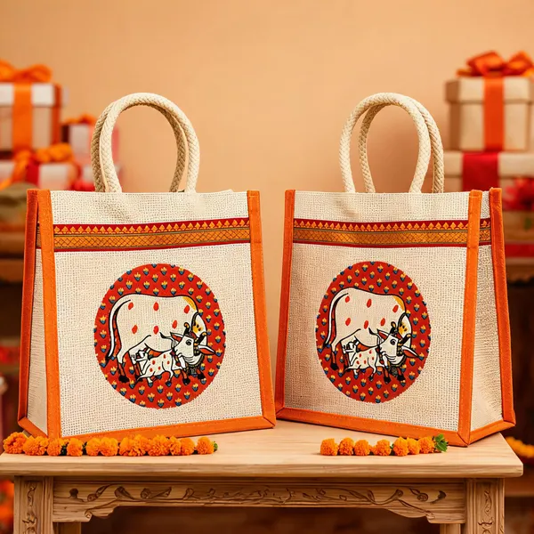 Multicolour_Jute_Pichwai_Cow_Print_Return_Gift_Bag_8_Inch_-_Pack_of_2