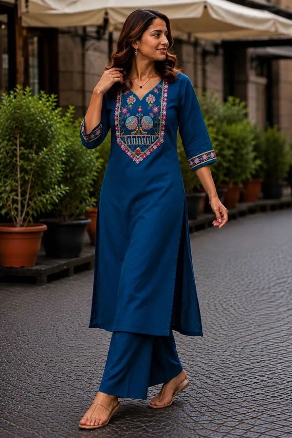 Blue_Embroidered_V_Neck_Kurta_For_Women
