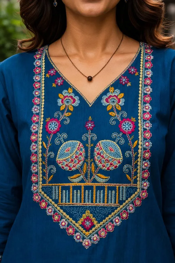 Blue_Embroidered_V_Neck_Kurta_For_Women