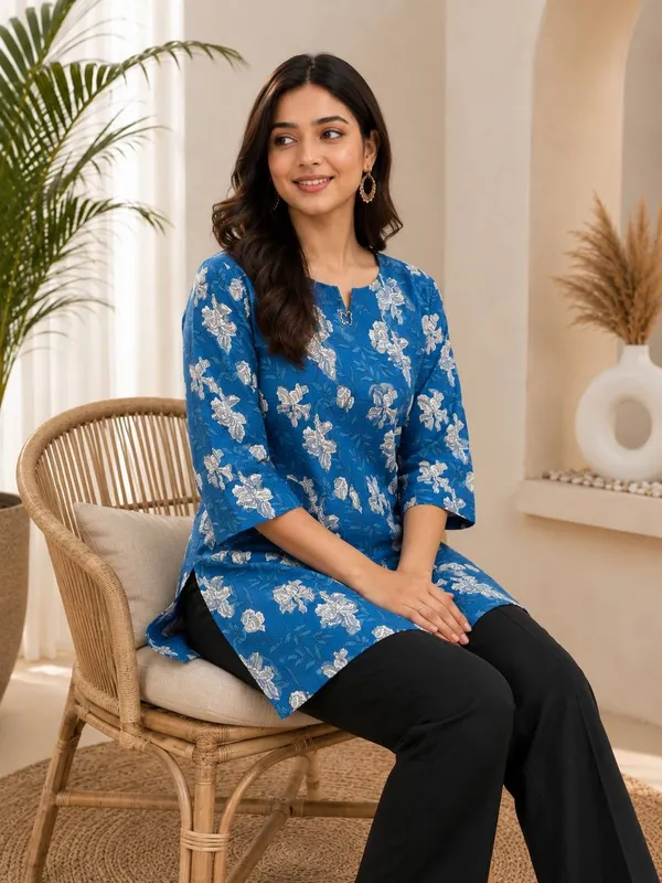 Blue_Floral_Print_Straight_Kurta_For_Women