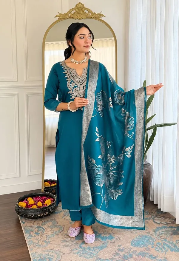 Teal_Embroidered_Straight_Suit_Set_for_Women